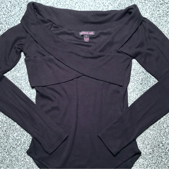 MATERIAL GIRL Bodysuit Black Off Shoulder Portrait Neckline Ribbed Stretch M NWT - Picture 6 of 12